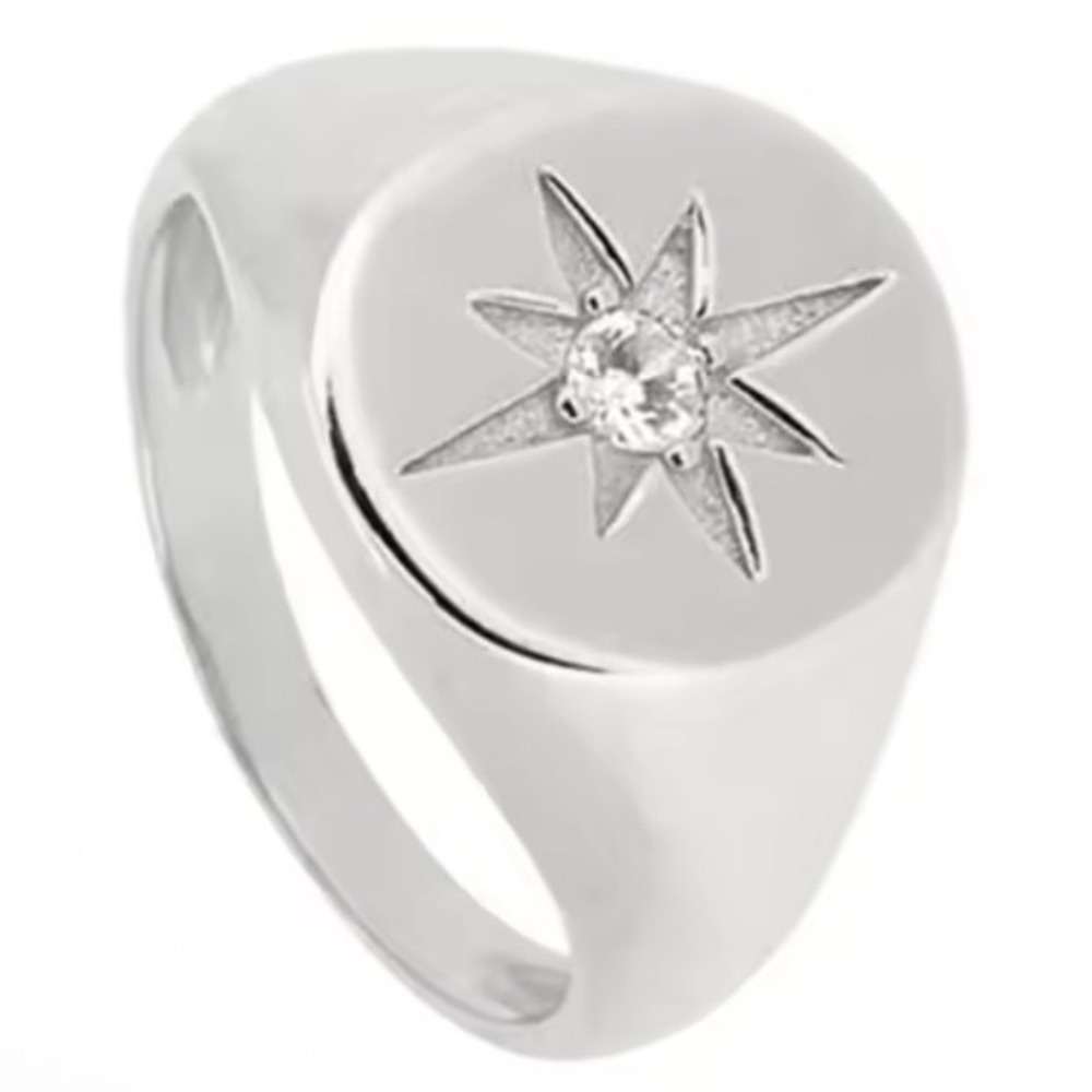 NEW Lg Sterling Silver Star Signet Ring Cubic Zirconia Starburst‎ 925 Adjustable